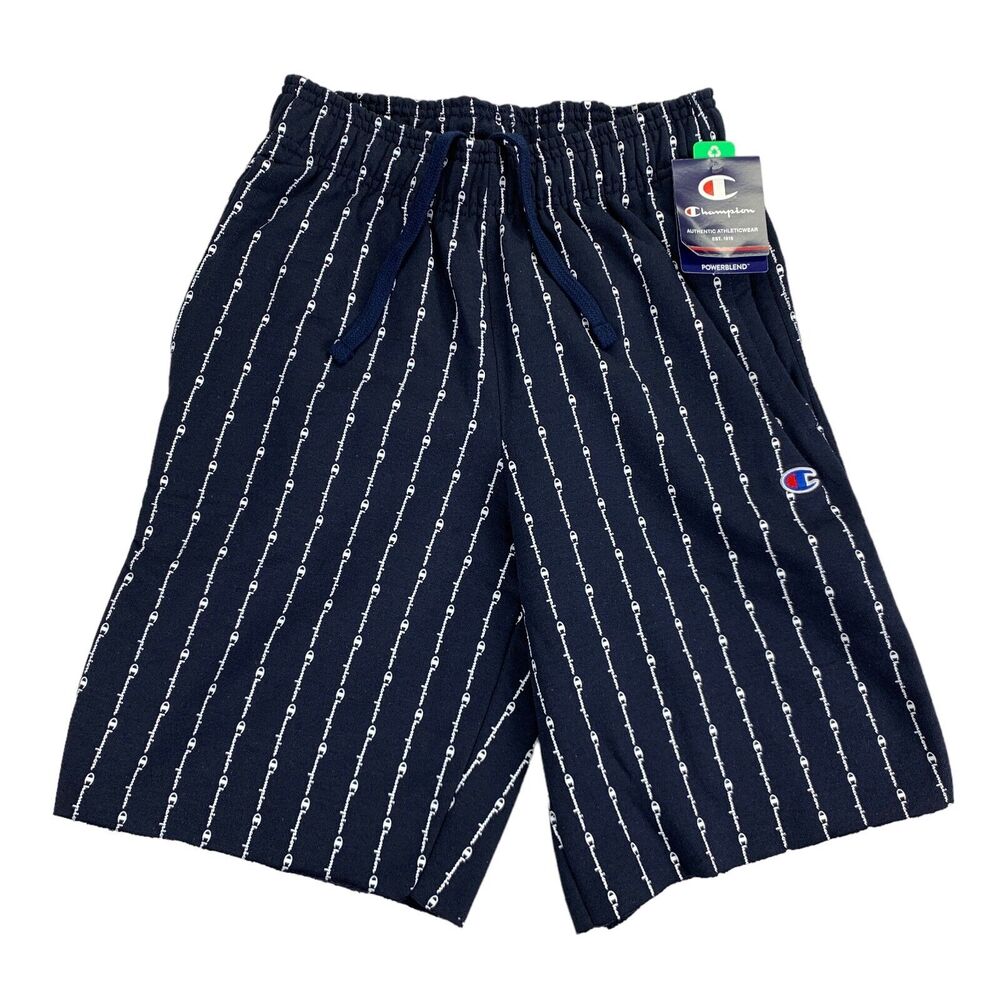 Champion Mens Powerblend Pinstriped Logo Fleece 10" Sweat Shorts Navy Blue S